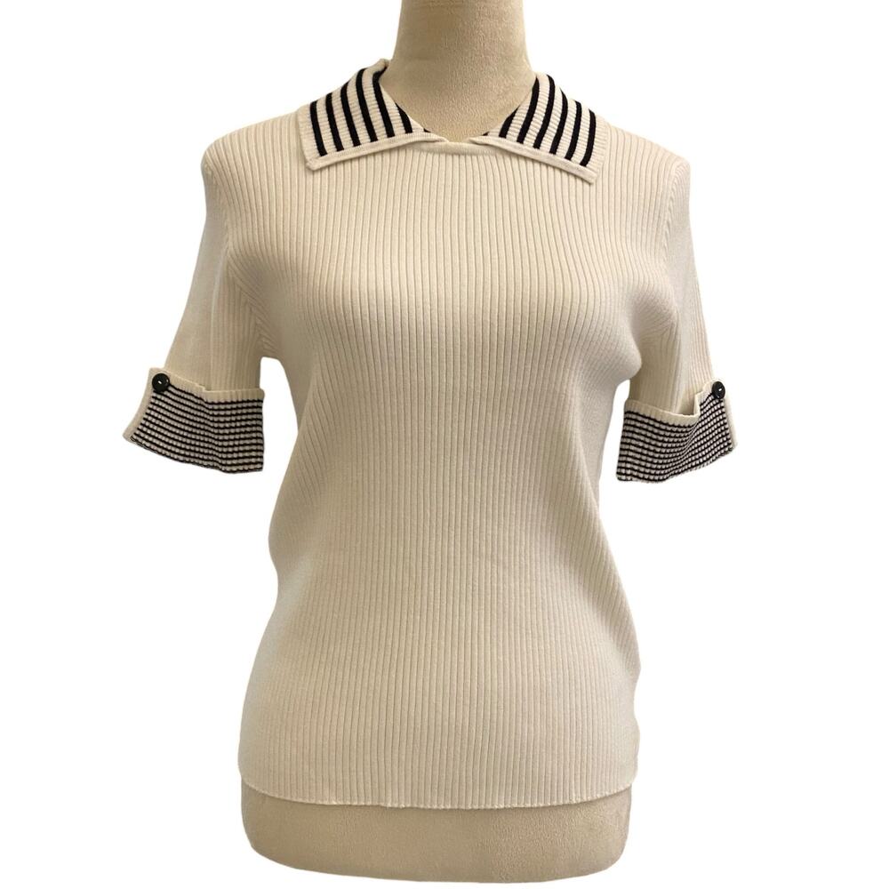 Women's Sz Medium Calligraphie Collared Short Sleeve Fitted Black/White Sweater